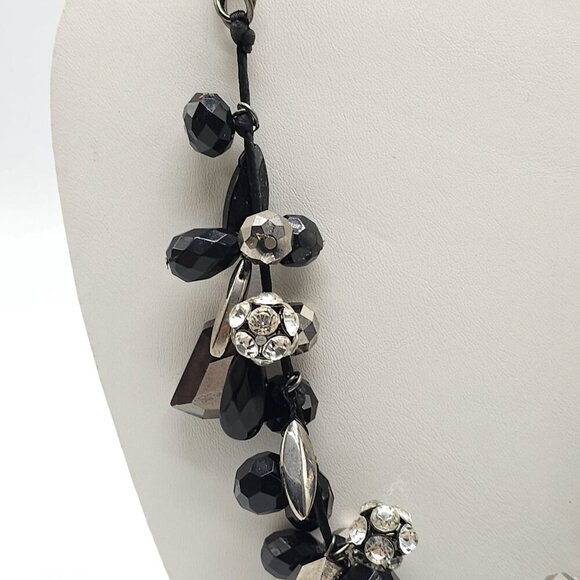 M. Haskell Black Silver Beaded Statement Necklace Rhinestone Accents Chunky Bib - Picture 2 of 7